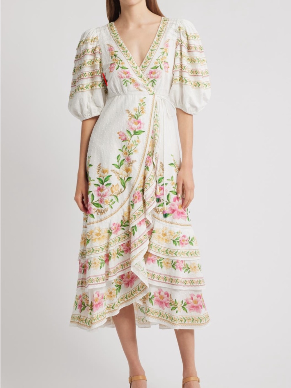 FARM Rio White Midi Wrap Dress with Pink & Yellow Floral Embroidery